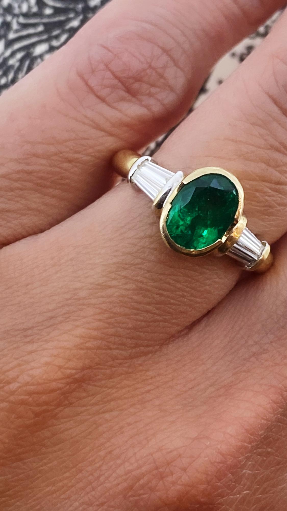 Oval Cut 1.15ct Natural Zambian Emerald & Diamond (0.35ct) 18K White & Yellow Gold Ring For Sale