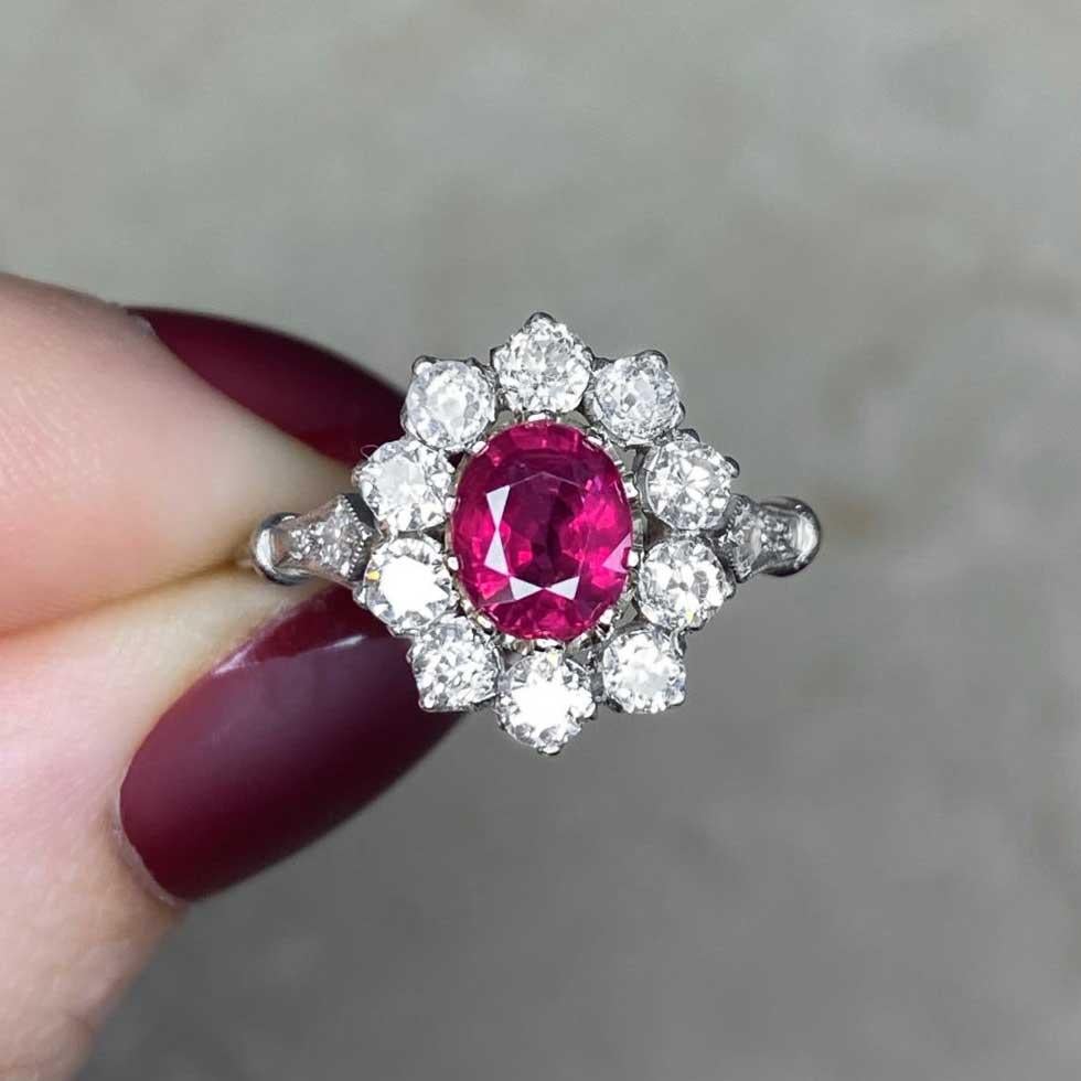 1.15ct Oval Cut Ruby Engagement Ring, Diamond Halo, Platinum & 18k Yellow Gold For Sale 5