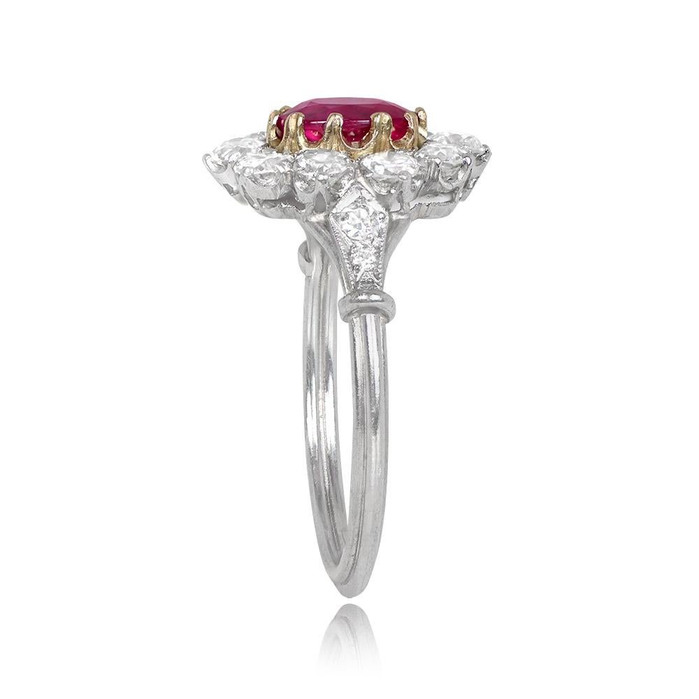 Art Deco 1.15ct Oval Cut Ruby Engagement Ring, Diamond Halo, Platinum & 18k Yellow Gold For Sale