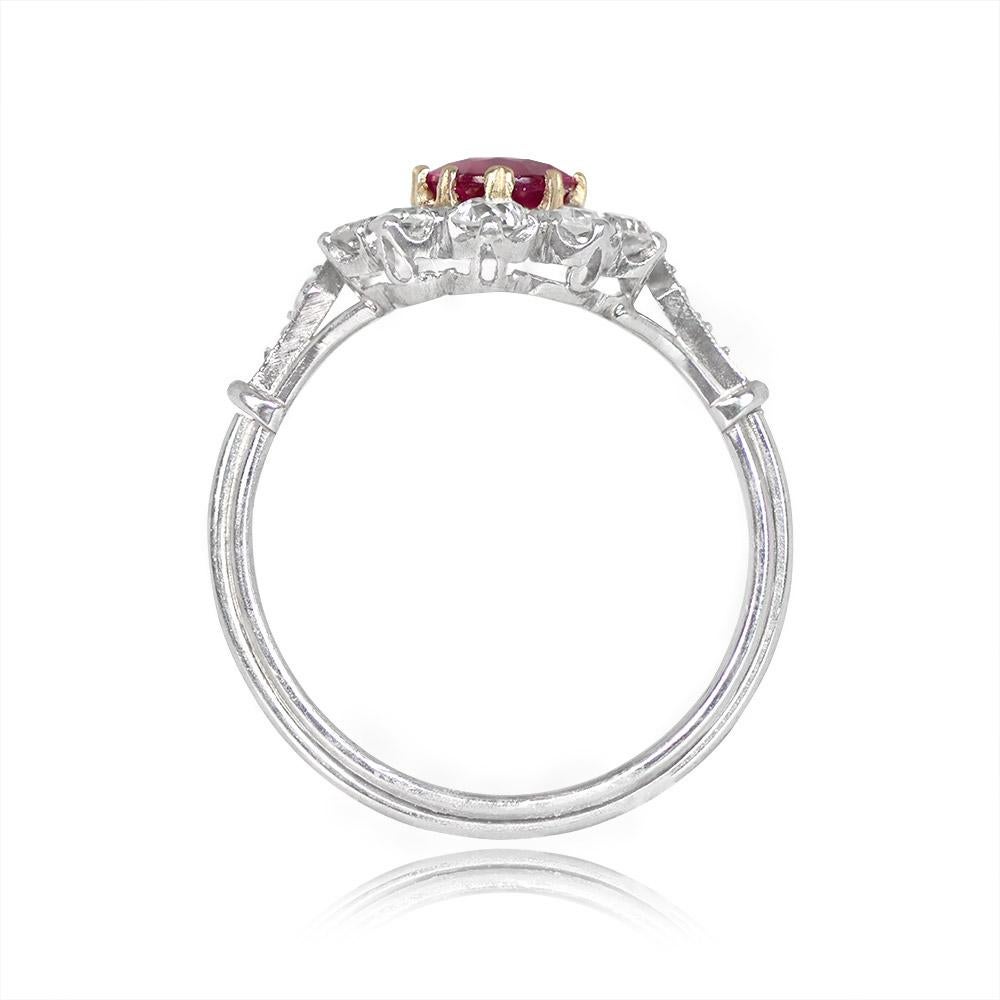 1.15ct Oval Cut Ruby Engagement Ring, Diamond Halo, Platinum & 18k Yellow Gold In Excellent Condition For Sale In New York, NY