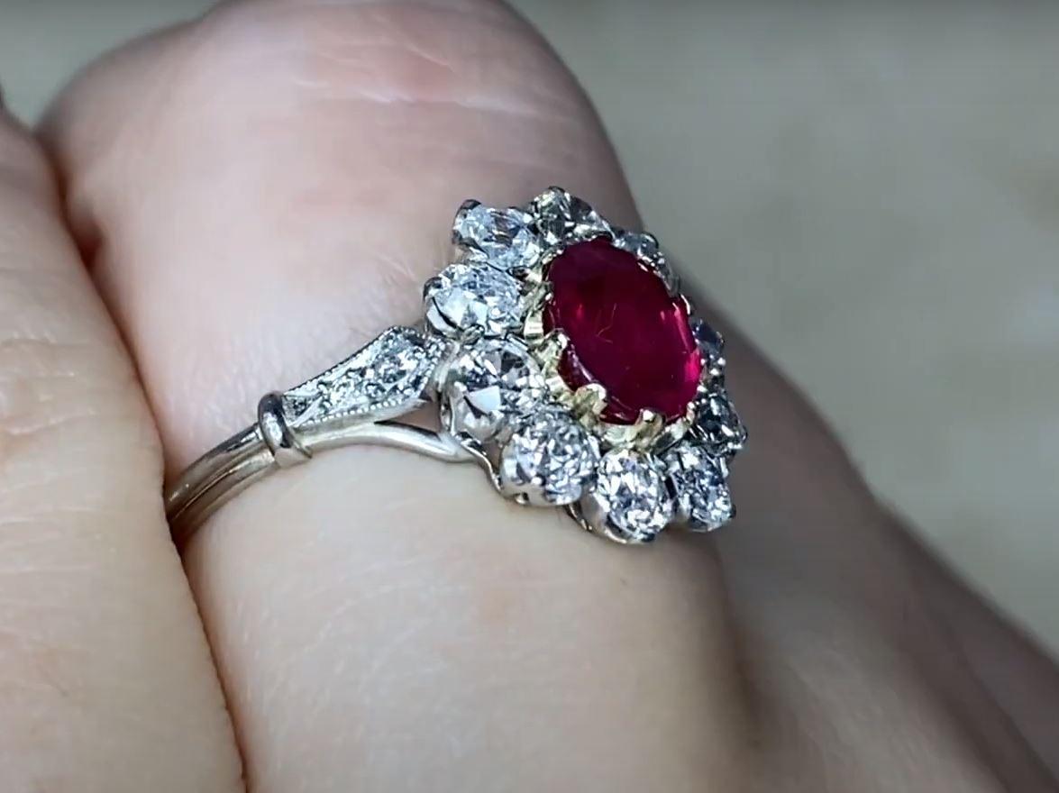 1.15ct Oval Cut Ruby Engagement Ring, Diamond Halo, Platinum & 18k Yellow Gold For Sale 1