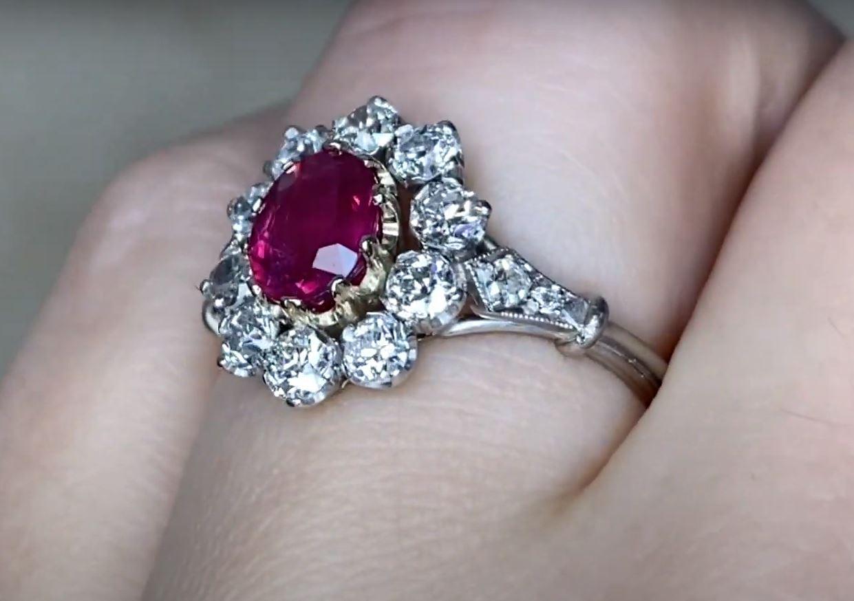 1.15ct Oval Cut Ruby Engagement Ring, Diamond Halo, Platinum & 18k Yellow Gold For Sale 2