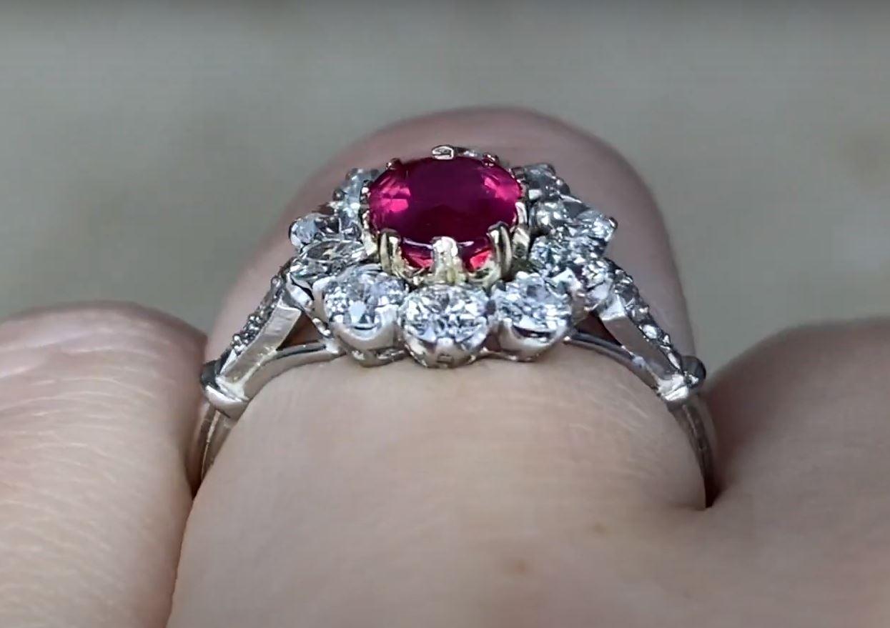1.15ct Oval Cut Ruby Engagement Ring, Diamond Halo, Platinum & 18k Yellow Gold For Sale 3