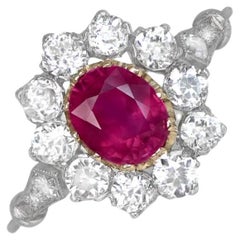 1.15ct Oval Cut Ruby Engagement Ring, Diamond Halo, Platinum & 18k Yellow Gold