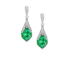 1.15 Carat Pear Emerald and Diamond 14 Karat White Gold Drop Earrings