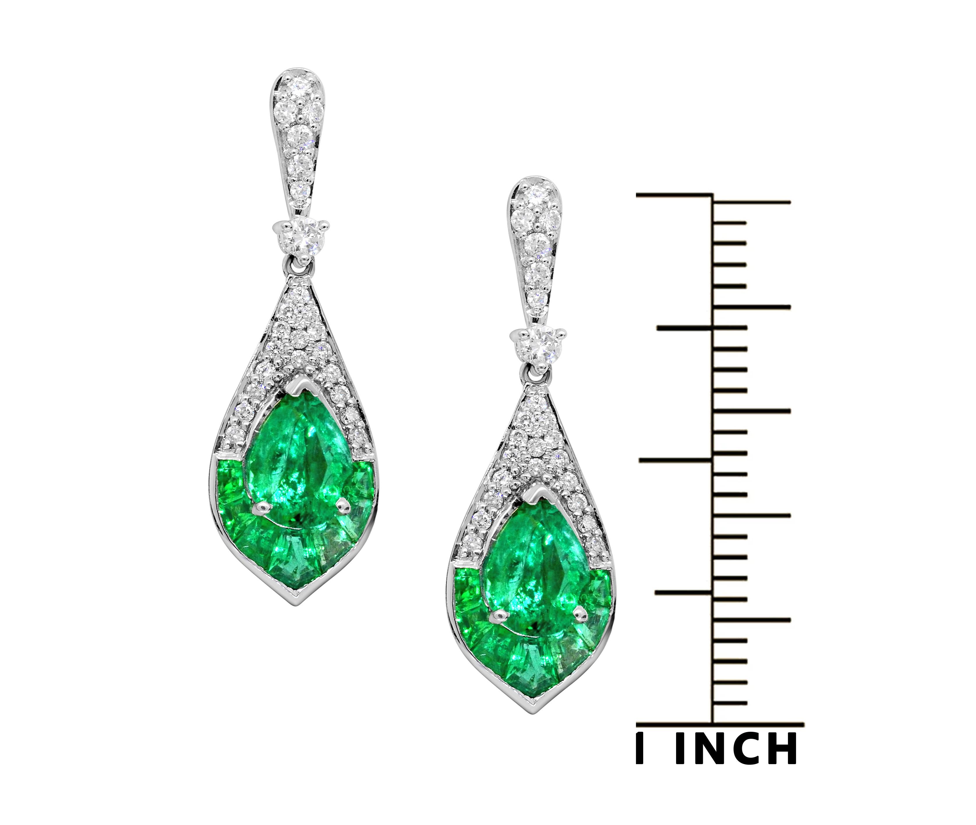 Women's 1.15 Carat Pear Emerald and Diamond 14 Karat White Gold Drop Earrings For Sale