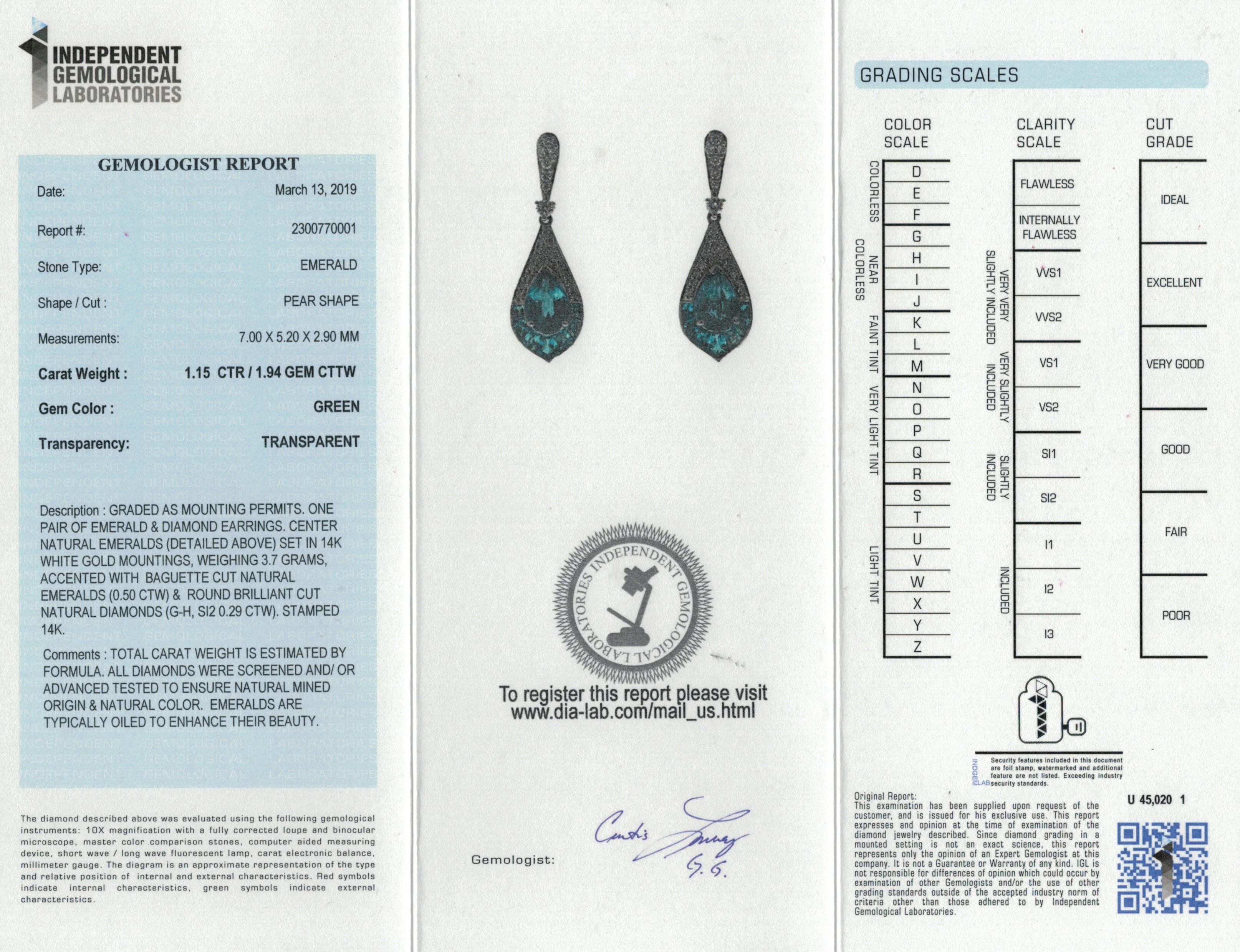 1.15 Carat Pear Emerald and Diamond 14 Karat White Gold Drop Earrings For Sale 1