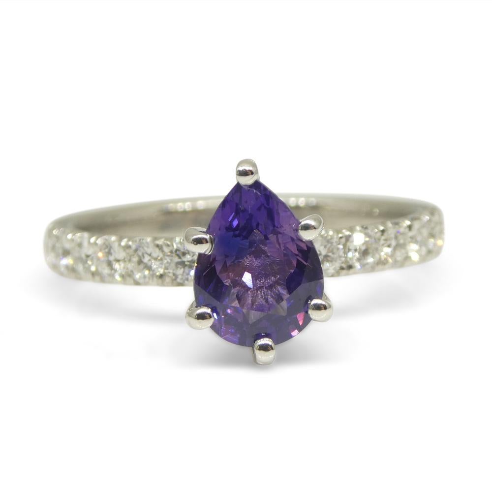 1.15ct Pear Purple Sapphire, Diamond Engagement Ring in 18k White Gold For Sale 7
