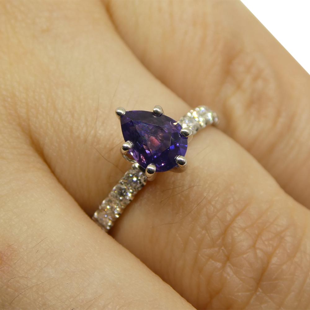 Contemporary 1.15ct Pear Purple Sapphire, Diamond Engagement Ring in 18k White Gold For Sale