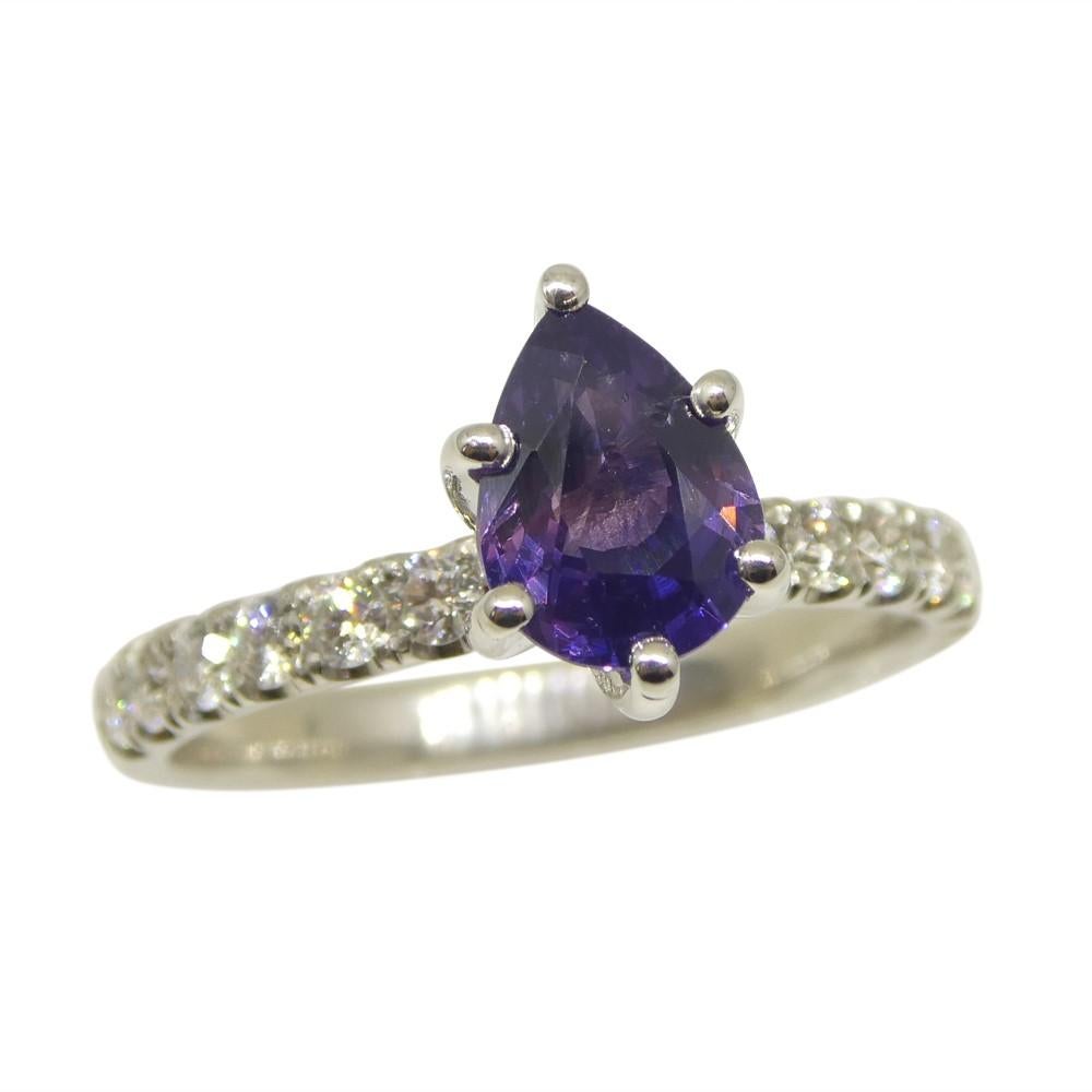 Pear Cut 1.15ct Pear Purple Sapphire, Diamond Engagement Ring in 18k White Gold For Sale