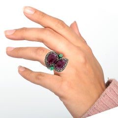11.5ct Pear Shaped Ruby Ring With Emerald & Diamond In 18k Gold & Silver