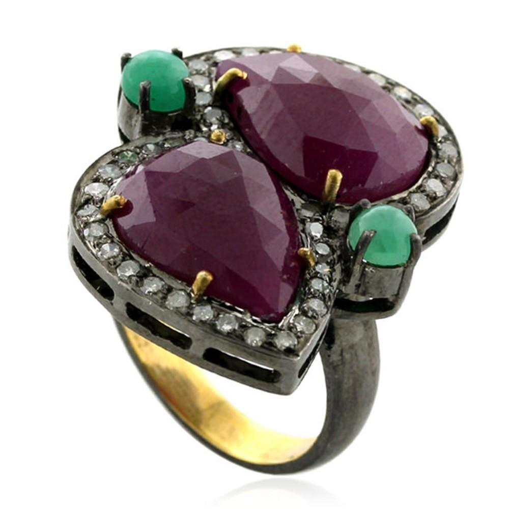 11.5ct Pear Shaped Ruby Ring With Emerald & Diamond In 18k Gold & Silver In New Condition For Sale In New York, NY