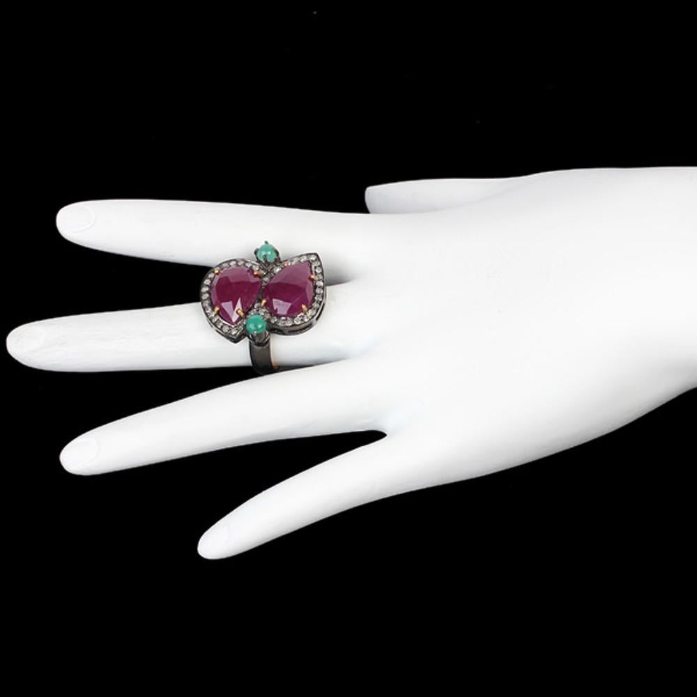 Women's 11.5ct Pear Shaped Ruby Ring With Emerald & Diamond In 18k Gold & Silver For Sale