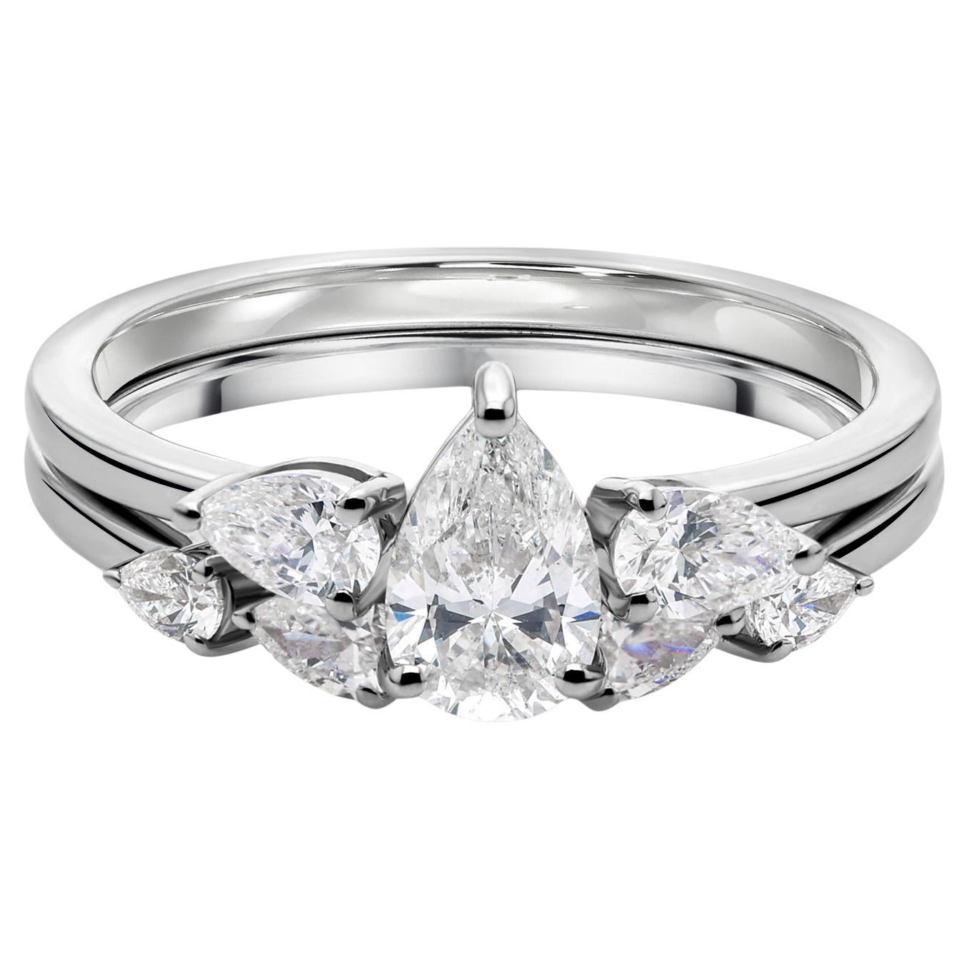 1.15Ct Pear Solitaire Engagement Ring with Matching Pear Band Set 14K White Gold