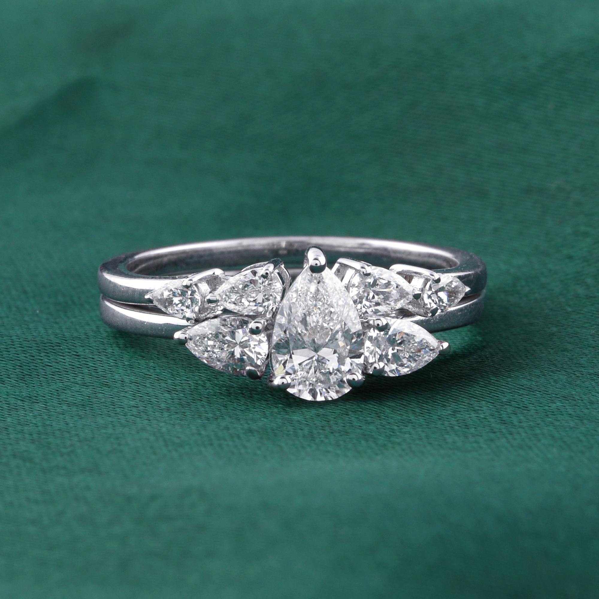 1.15Ct Pear Solitaire Engagement Ring with Matching Pear Band Set 18K White Gold Moderno en venta