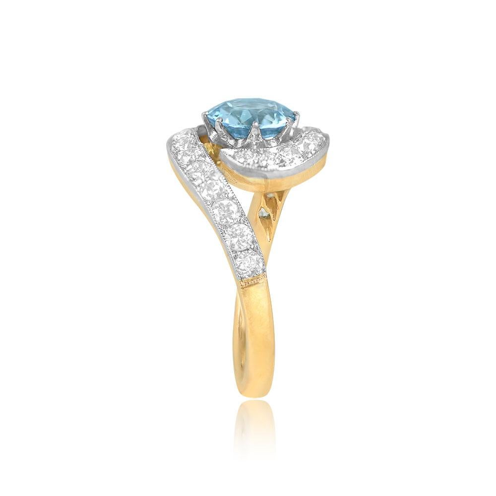 Edwardian 1.15ct Round Cut Aquamarine Engagement Ring, Platinum & 18k Yellow Gold For Sale