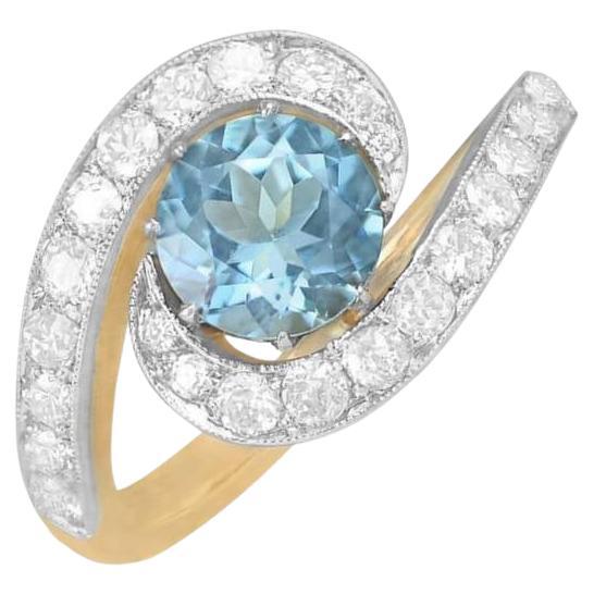 1.15ct Round Cut Aquamarine Engagement Ring, Platinum & 18k Yellow Gold