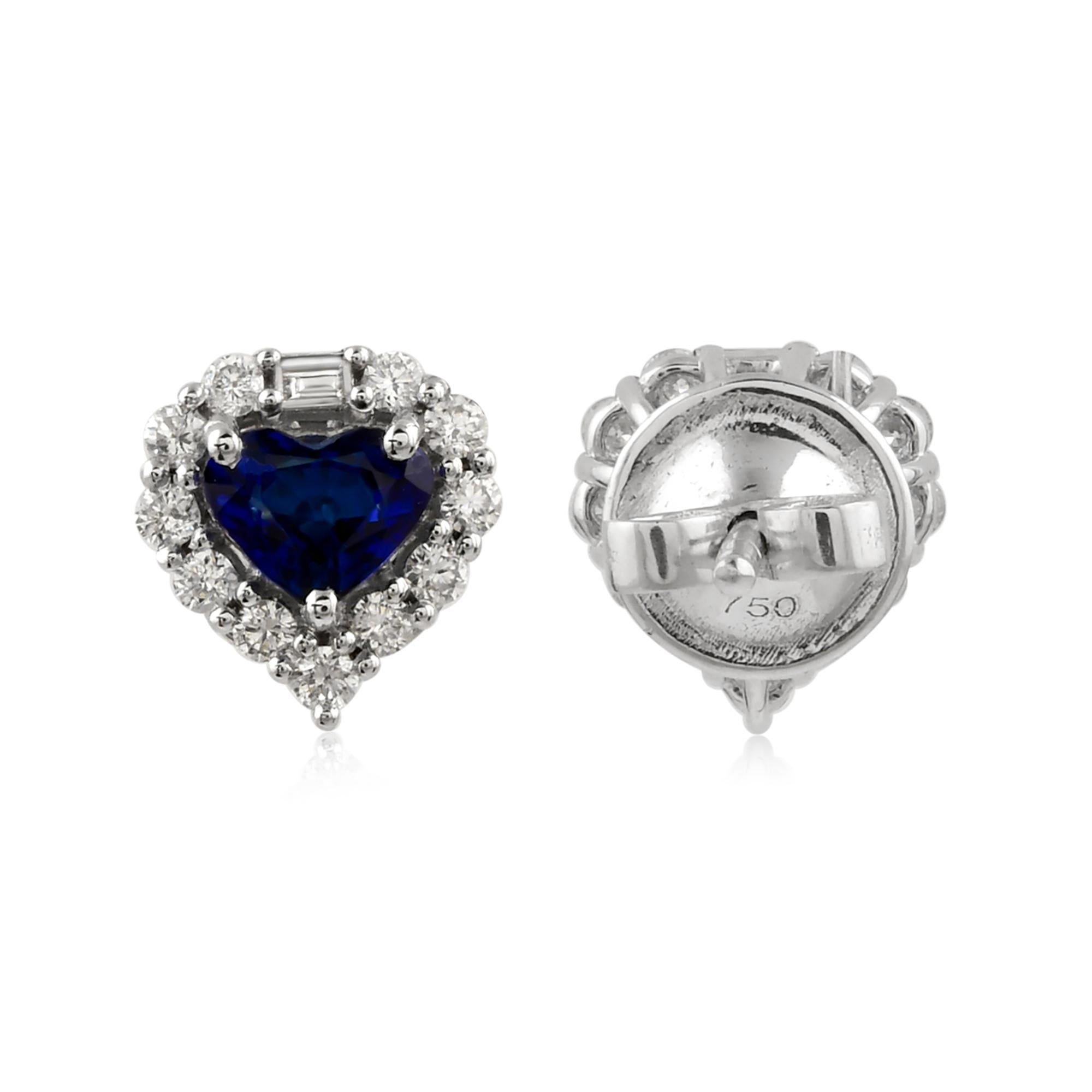 1,15ct Saphir 0,37ct Diamant Halo Herzform Ohrstecker 18k Weißgold (Art déco) im Angebot