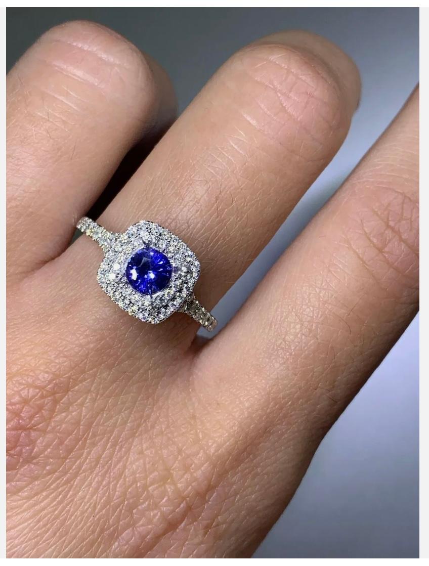 Modern 1.15ct Sapphire Diamond Halo Solitaire Engagement Ring 18ct White Gold For Sale