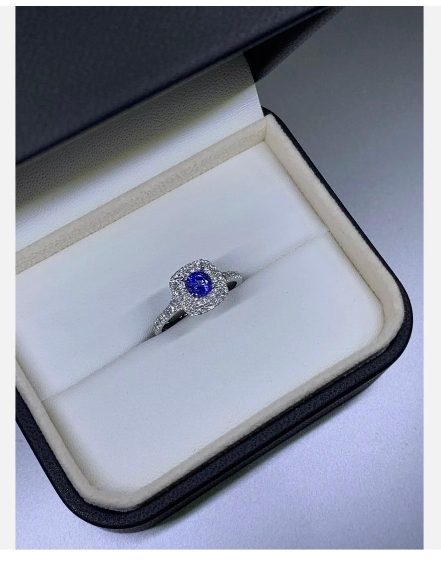 1.15ct Sapphire Diamond Halo Solitaire Engagement Ring 18ct White Gold In New Condition For Sale In London, GB