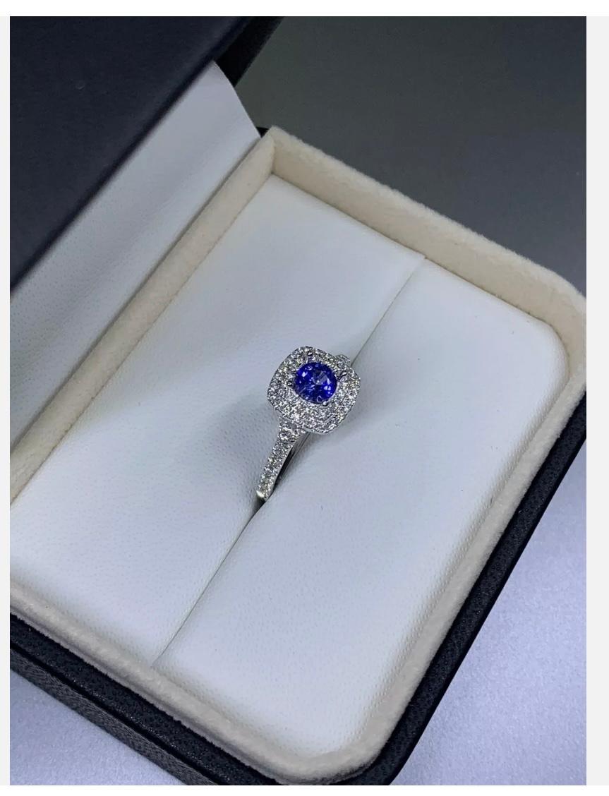 1.15ct Sapphire Diamond Halo Solitaire Engagement Ring 18ct White Gold For Sale 1