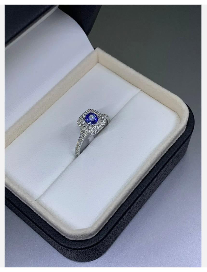 1.15ct Sapphire Diamond Halo Solitaire Engagement Ring 18ct White Gold For Sale 2
