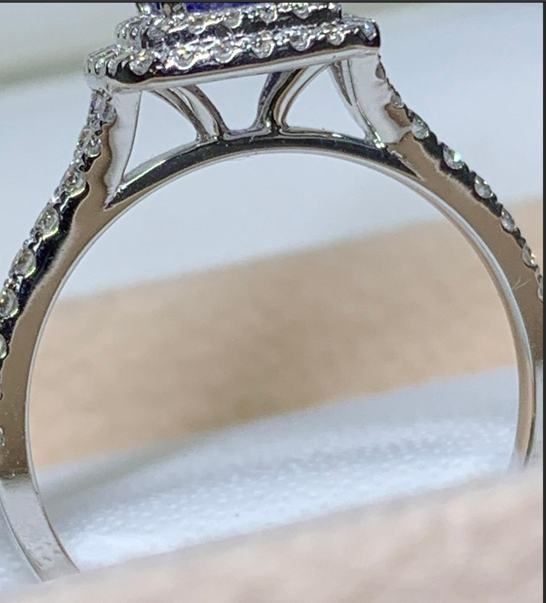 1.15ct Sapphire Diamond Halo Solitaire Engagement Ring 18ct White Gold For Sale 3