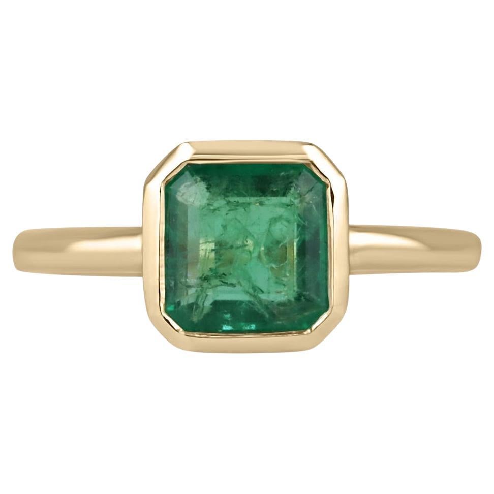1.15ct Vivid Green Asscher Cut Emerald Solitaire Bezel Set Gold Ring