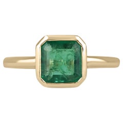 1.15ct Vivid Green Asscher Cut Emerald Solitaire Bezel Set Gold Ring