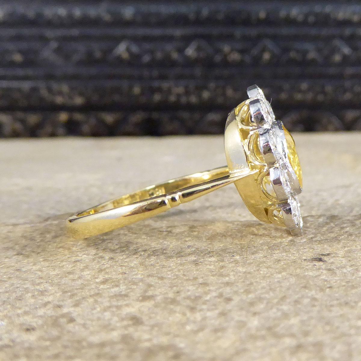 Art Deco 1.15ct Yellow Sapphire and 0.90ct Diamond Cluster Ring in Platinum and 18ct Gold For Sale