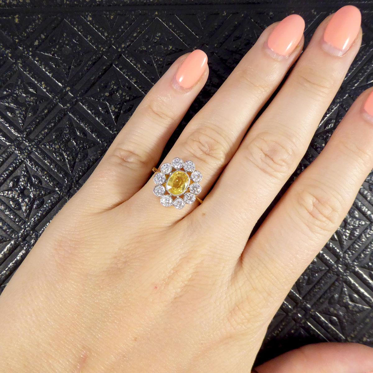 1.15ct Yellow Sapphire and 0.90ct Diamond Cluster Ring in Platinum and 18ct Gold For Sale 2