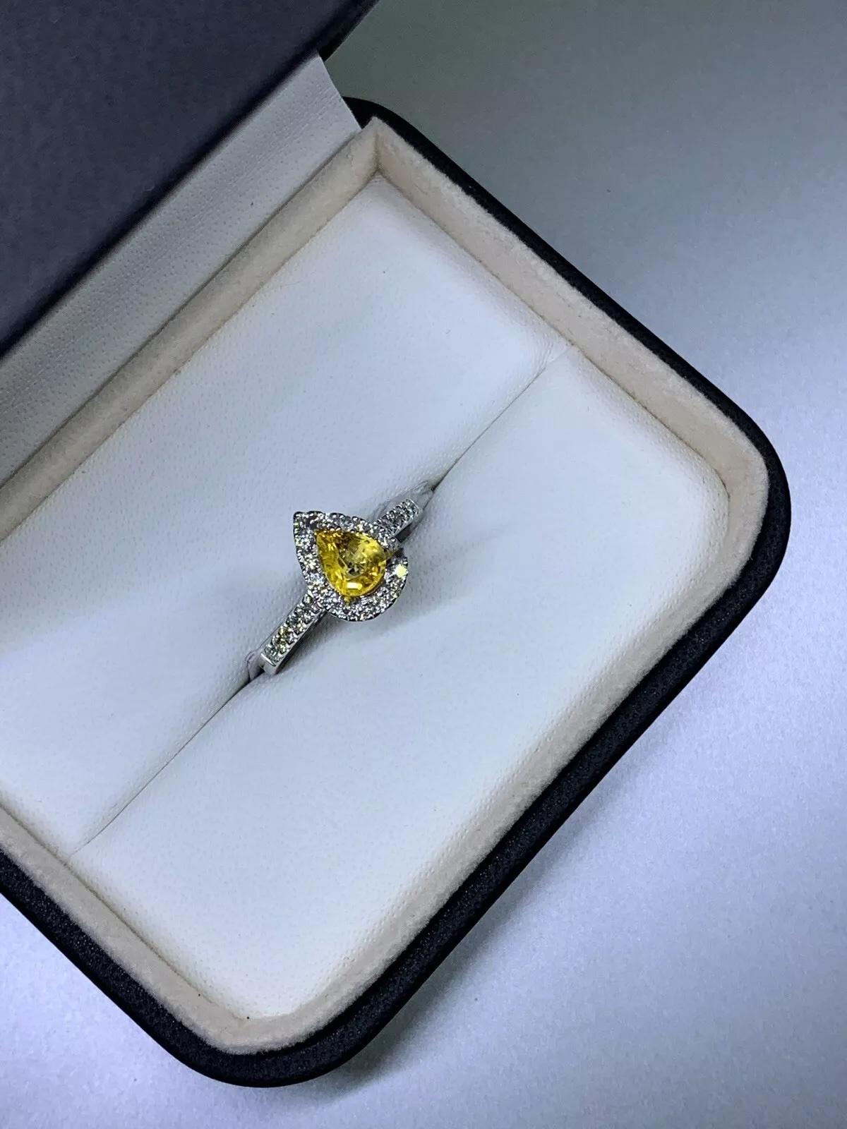Pear Cut 1.15ct Yellow sapphire pear diamond halo engagement ring 18ct white gold. For Sale