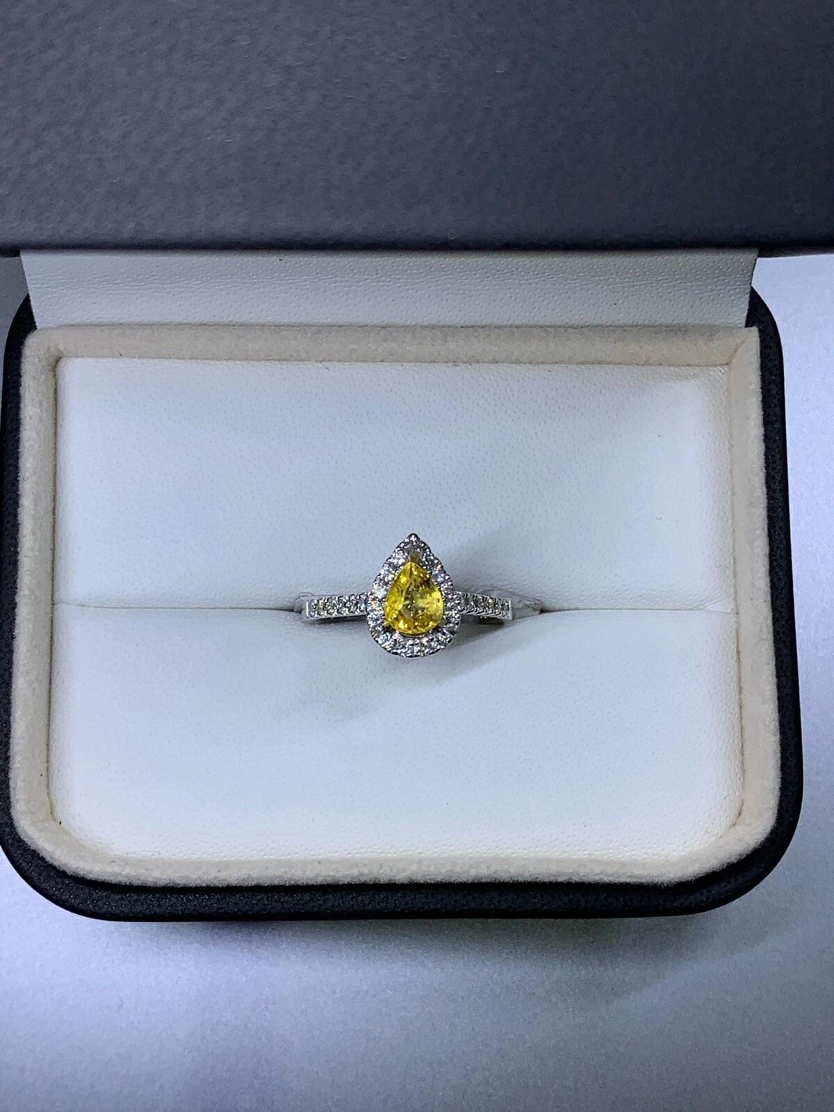 1.15ct Yellow sapphire pear diamond halo engagement ring 18ct white gold. In New Condition For Sale In London, GB