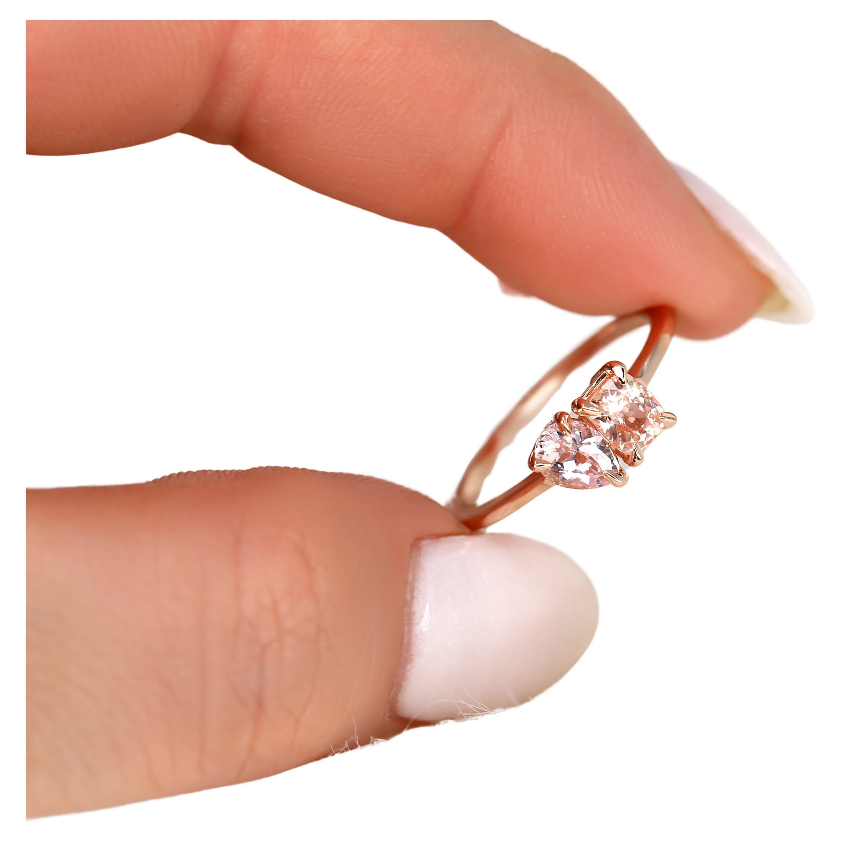 1.15cts Gemini 14kt Rose Gold Peach Sapphire Toi Et Moi Ring For Sale