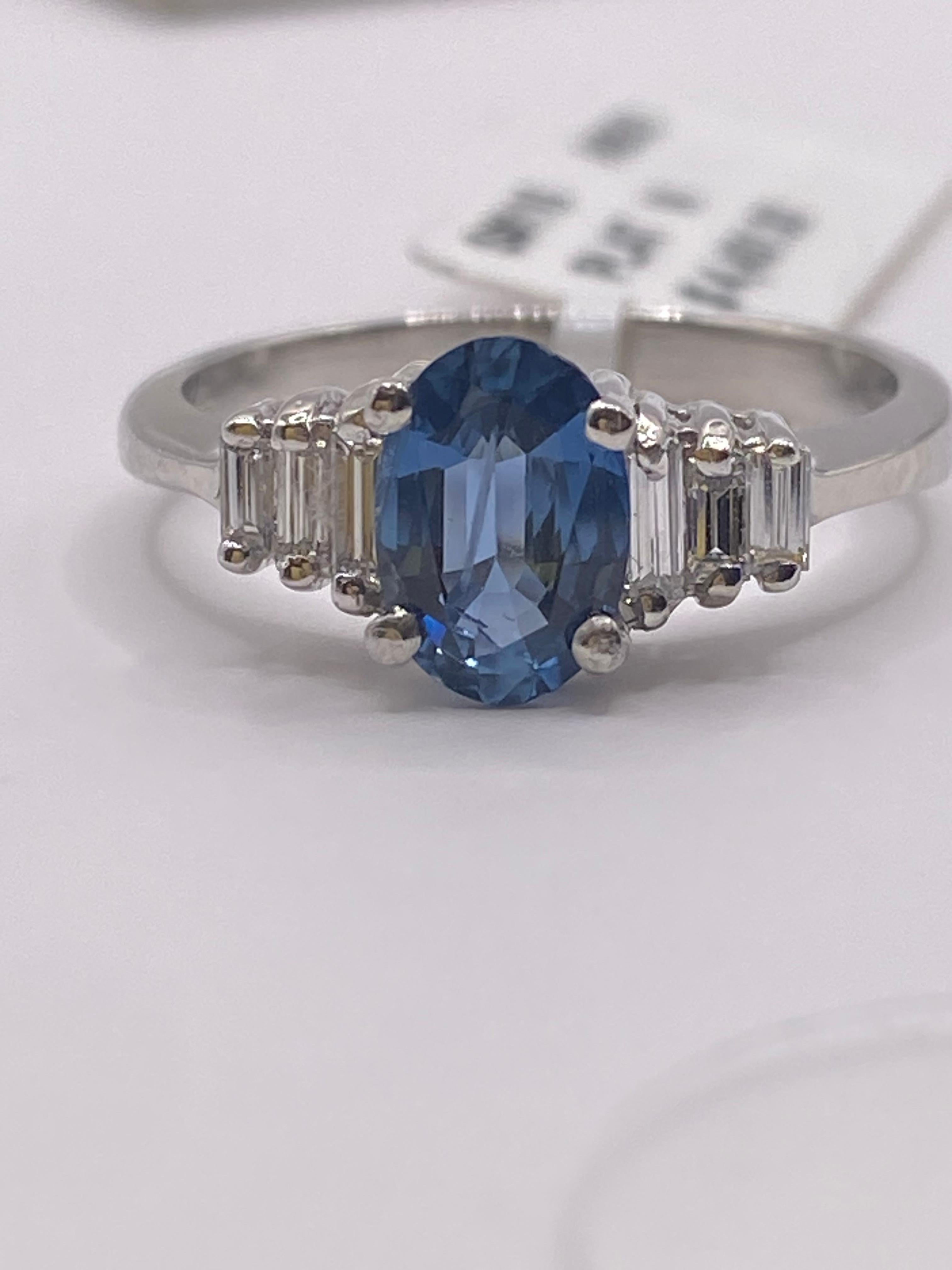 Women's or Men's 1.15ctw Oval Sapphire & Baguette Diamond Ring in Platinum For Sale
