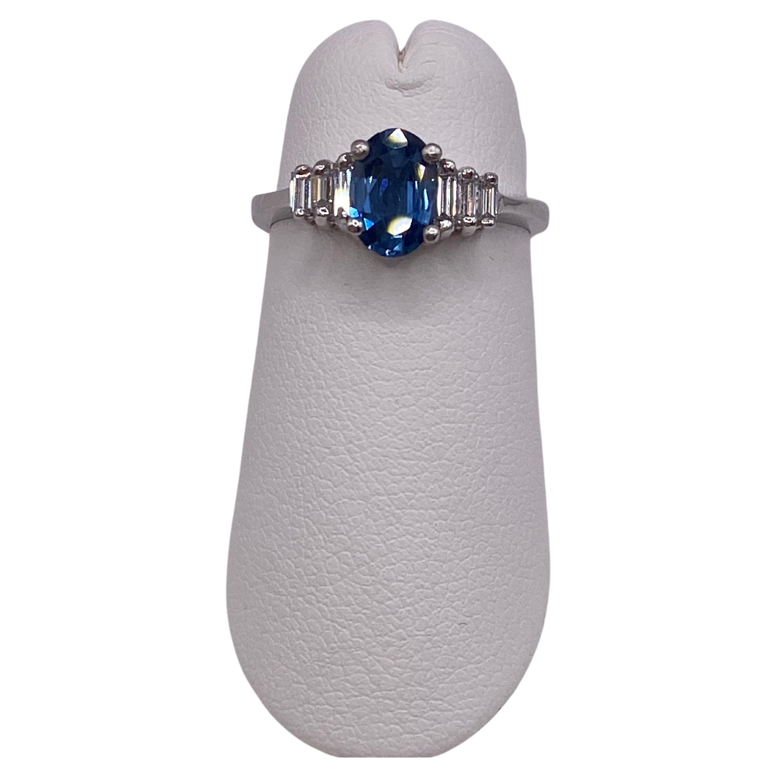 1.15ctw Oval Sapphire & Baguette Diamond Ring in Platinum For Sale