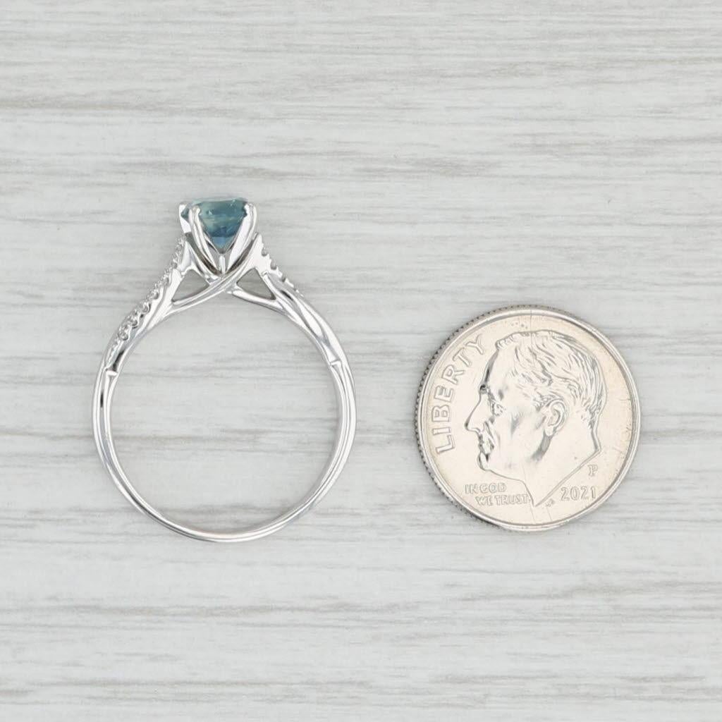 Taille ronde Bague de fiançailles en or blanc 14 carats avec saphir bleu sarcelle et diamant 1,15 carat, taille 7,5 en vente