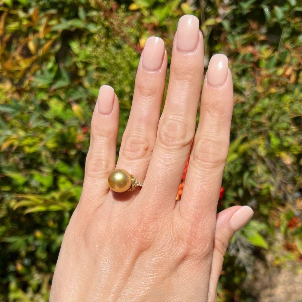 Modern 11.5mm Golden South Sea Pearl and Diamond Gold Vintage Cocktail Ring For Sale