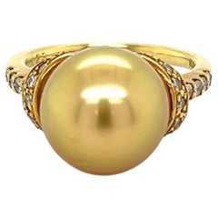 11.5mm Golden South Sea Pearl and Diamond Gold Vintage Cocktail Ring