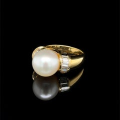 11.5mm South Sea Pearl and Baguette Diamond Gold Vintage Solitaire Cocktail Ring