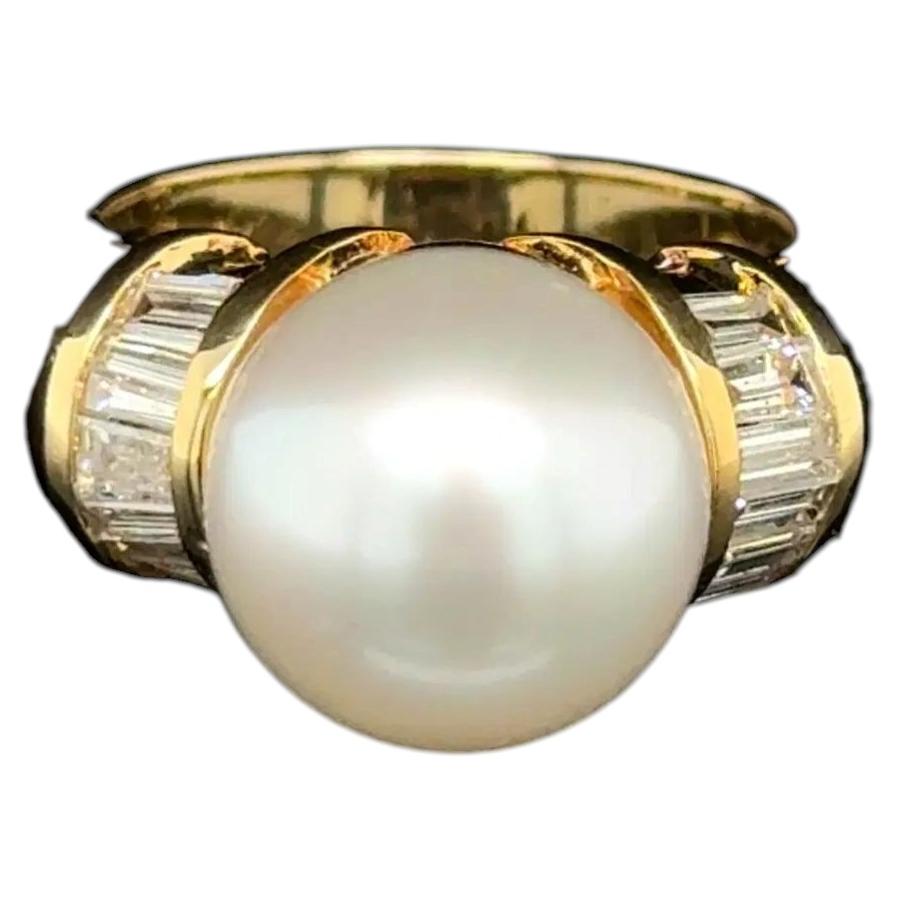 11.5mm South Sea Pearl and Baguette Diamond Gold Vintage Solitaire Cocktail Ring For Sale