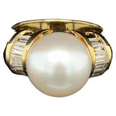 11.5mm South Sea Pearl and Baguette Diamond Gold Vintage Solitaire Cocktail Ring