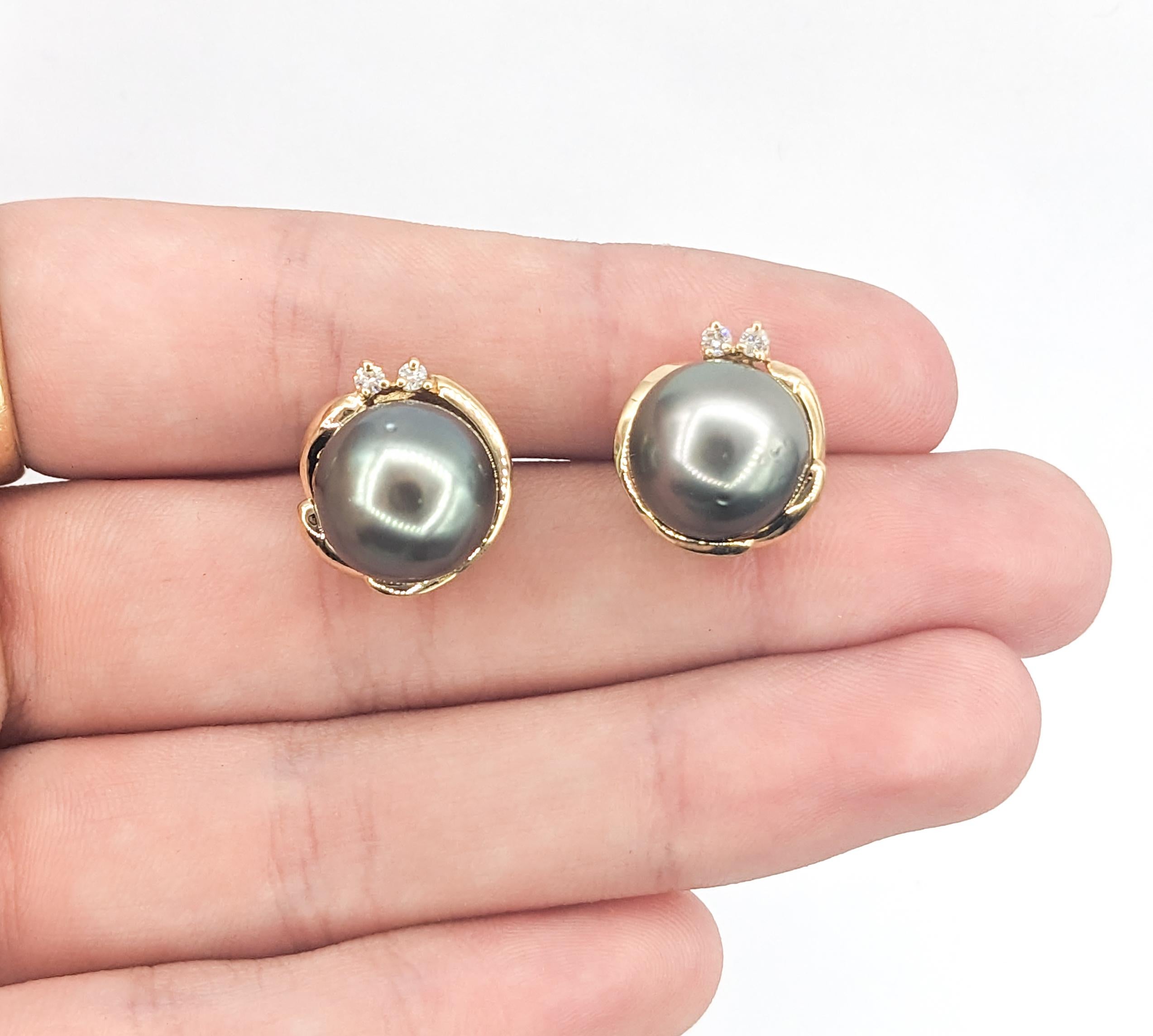11.5mm Tahitian & Diamond Stud Earrings In Excellent Condition In Bloomington, MN
