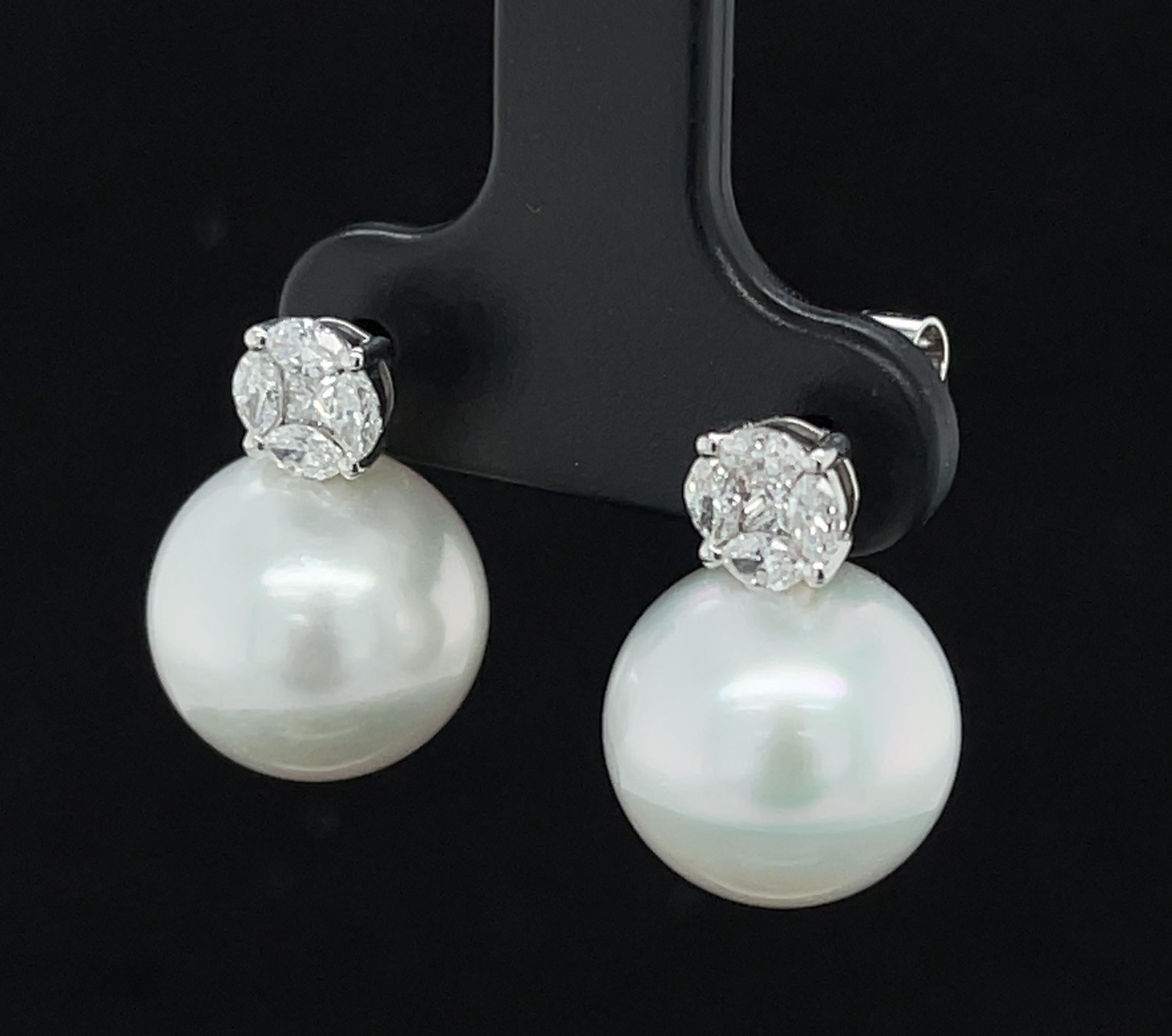 Artisan 11.5mm White South Sea Pearl and Diamond Earrings in 18k White Gold For Sale