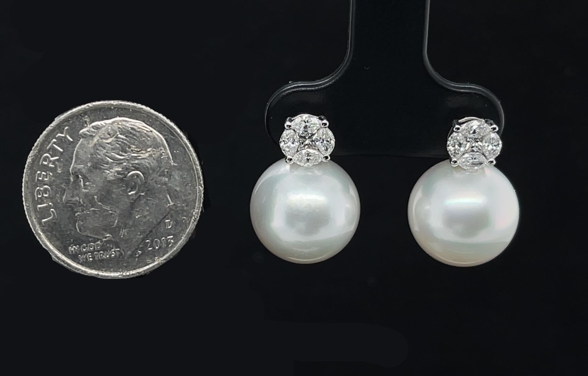 Women's or Men's 11.5mm White South Sea Pearl and Diamond Earrings in 18k White Gold For Sale