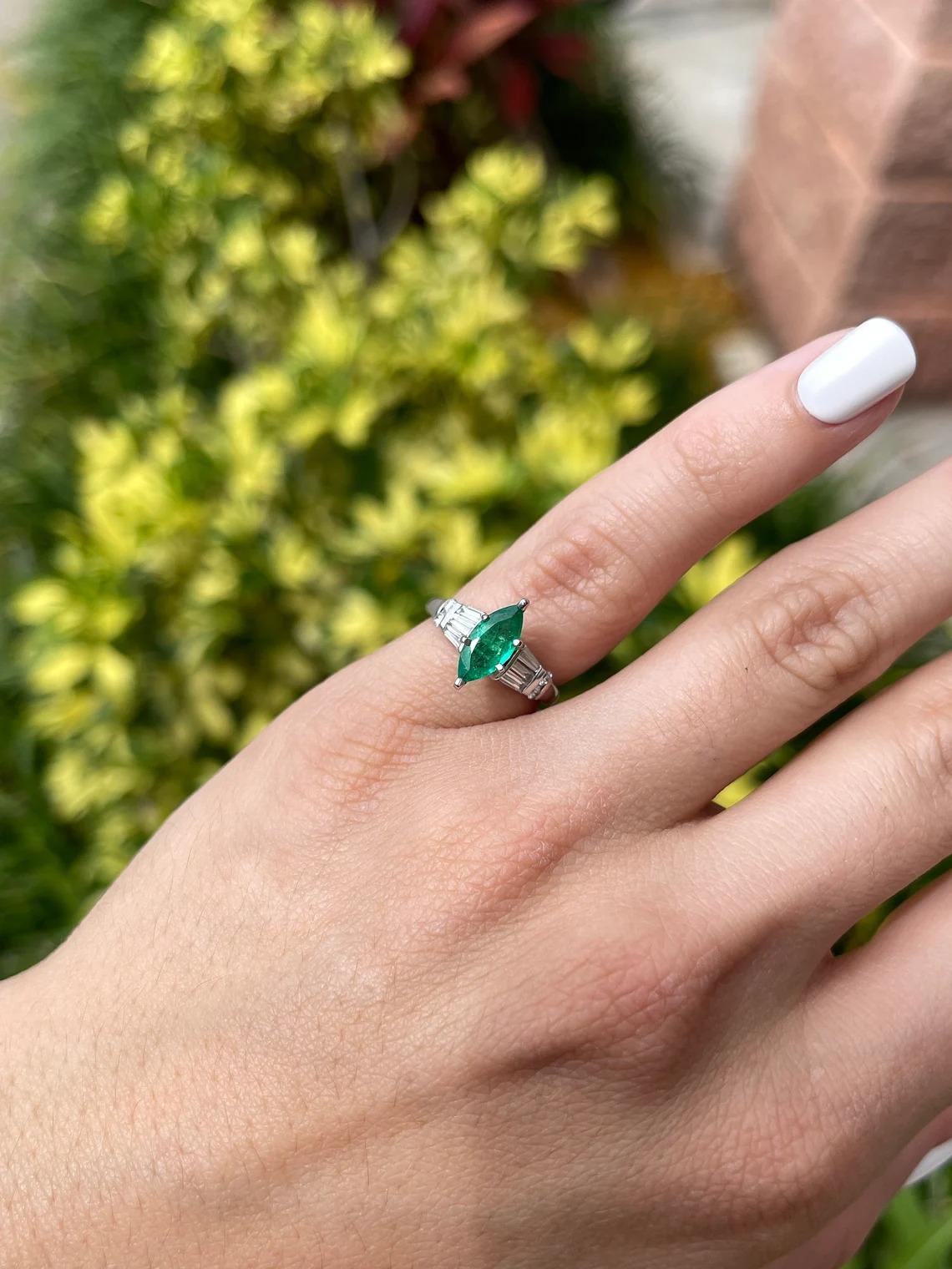 Modern 1.15tcw 14K Colombian Emerald-Marquise Cut & Tapered Baguette and Round Diamond For Sale
