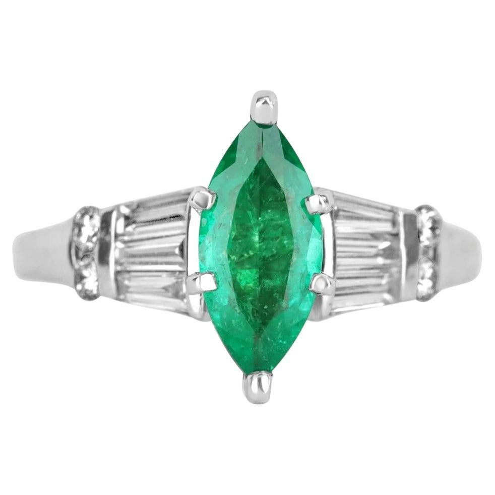 1.15tcw 14K Colombian Emerald-Marquise Cut & Tapered Baguette and Round Diamond For Sale