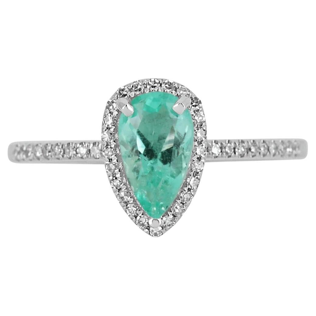 1.15tcw 14k Colombian Emerald-Pear Cut & Diamond Halo Gold Engagement Ring  For Sale