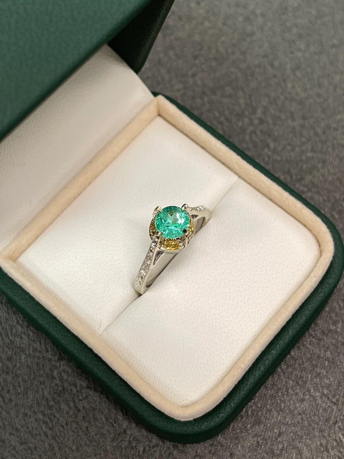 Modern 1.15tcw 14K Colombian Emerald-Round Cut & Diamond Accent Engagement Ring For Sale