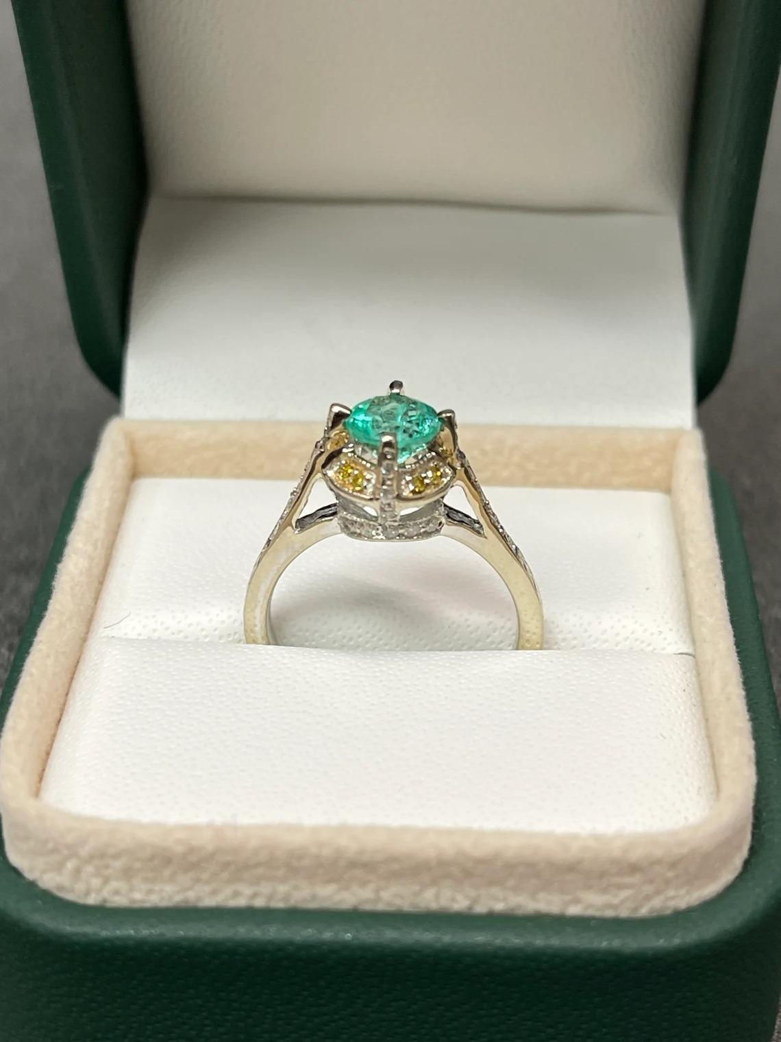 1.15tcw 14K Colombian Emerald-Round Cut & Diamond Accent Engagement Ring In New Condition For Sale In Jupiter, FL